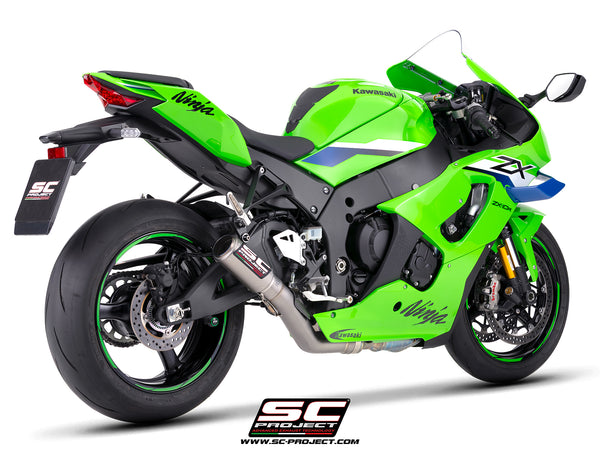 Kawasaki Ninja ZX-10R with SC-Project de-cat link pipe with CR-T titanium exhaust, 3/4 rear view