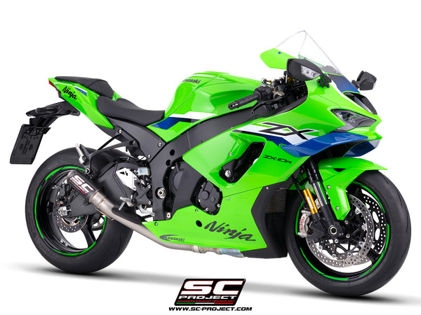 Kawasaki Ninja ZX-10R with SC-Project de-cat link pipe with CR-T carbon fibre exhaust, 3/4 front view