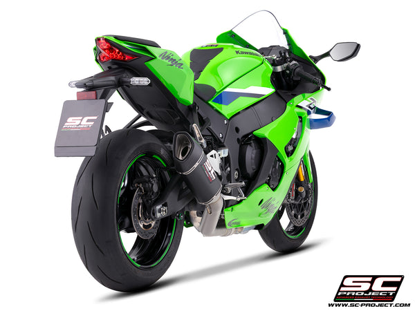 Kawasaki Ninja ZX-10R with SC-Project de-cat link pipe with SC1-R 250 mm carbon fibre exhaust, rear view	