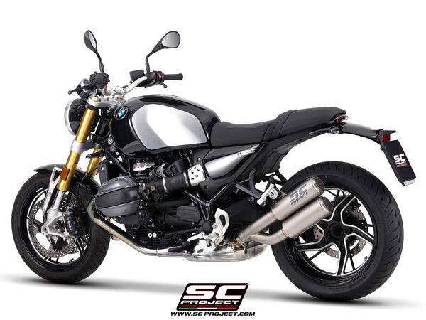 BMW R 12 nineT with SC-Project Twin CR-T titanium exhaust, 3/4 rear view