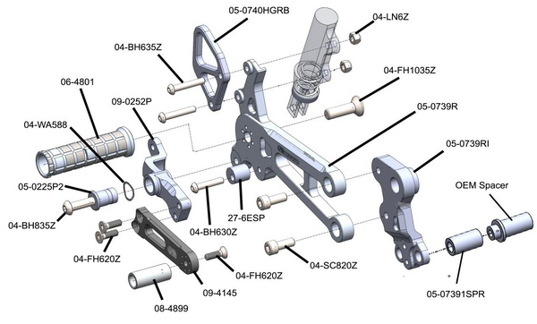 Woodcraft 05-0738B KTM RC390 (Race Only) Complete Rearset Kit w/ Pedals - STD/GP Shift