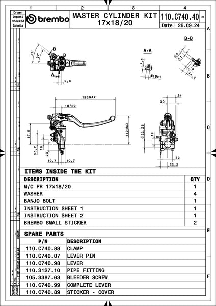 Brembo 110C74040 official technical drawing and kit contents