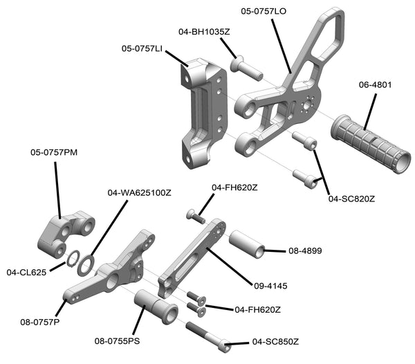 05-0757B BMW S1000RR Complete Rearset w/ Pedals - STD/GP Shift