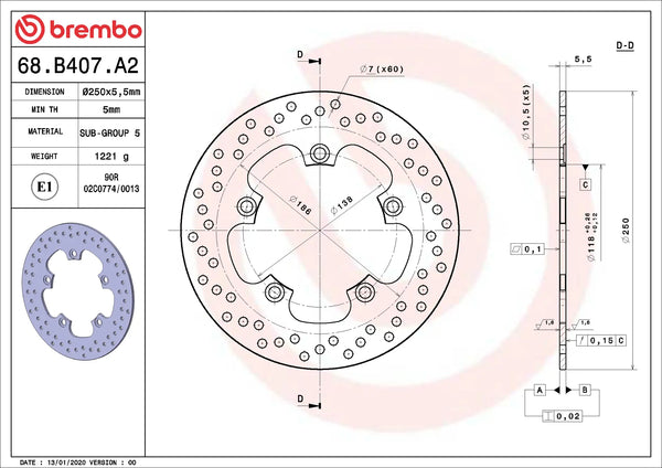 BREMBO 68B407A2 fixed Serie Oro brake disc – detail view