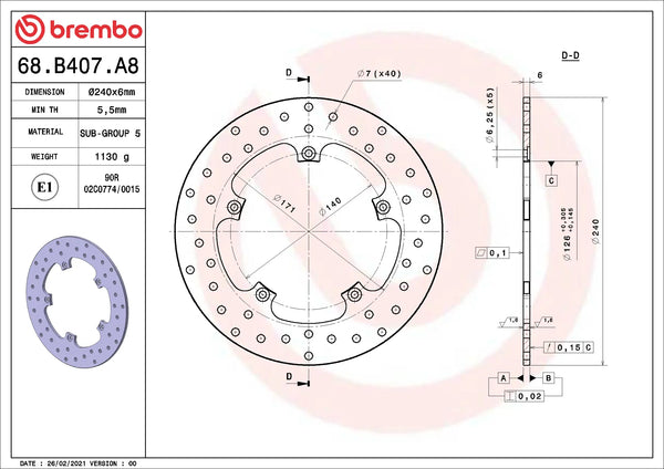 BREMBO 68B407A8 fixed Serie Oro brake disc – detail view