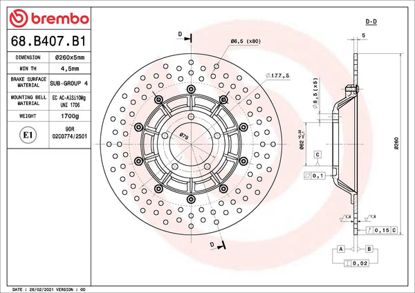 BREMBO 68B407B1 fixed Serie Oro brake disc – detail view