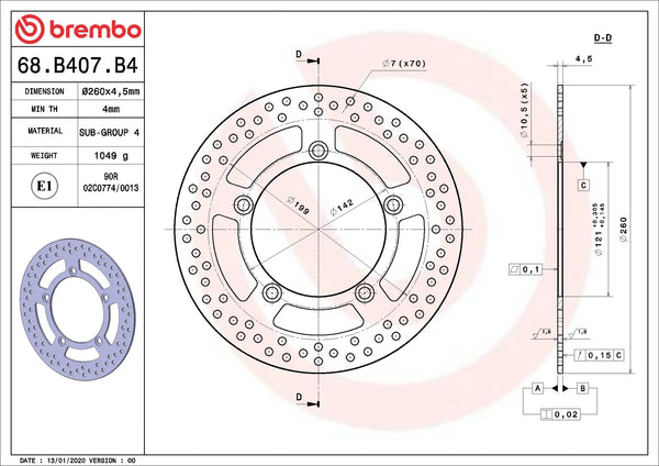 BREMBO 68B407B4 fixed Serie Oro brake disc – detail view