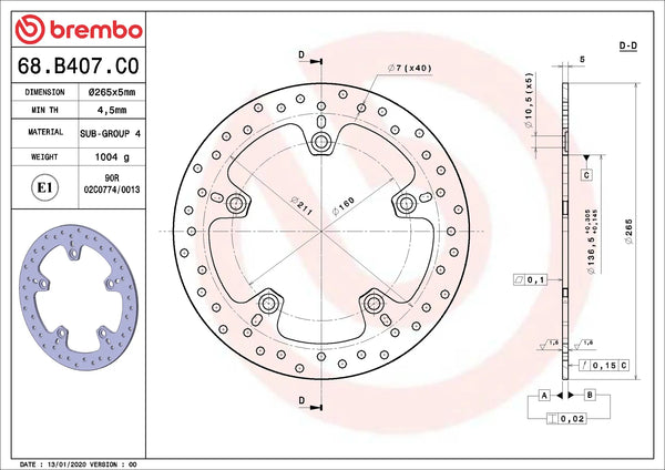 BREMBO 68B407C0 fixed Serie Oro brake disc – detail view
