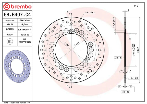 BREMBO 68B407C4 fixed Serie Oro brake disc – detail view