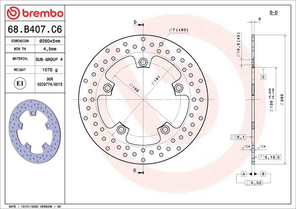 BREMBO 68B407C6 fixed Serie Oro brake disc – detail view