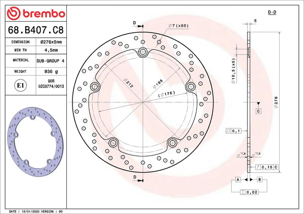 BREMBO 68B407C8 fixed Serie Oro brake disc – detail view