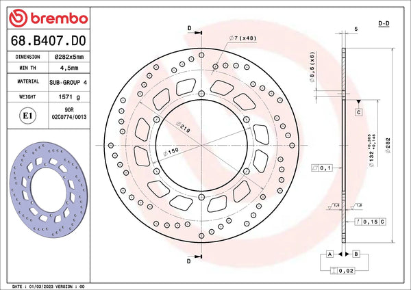 BREMBO 68B407D0 fixed Serie Oro brake disc – detail view