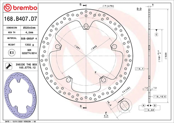 BREMBO 68B407D7 fixed Serie Oro brake disc – detail view
