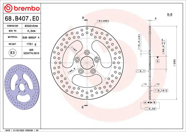 BREMBO 68B407E0 fixed Serie Oro brake disc – detail view