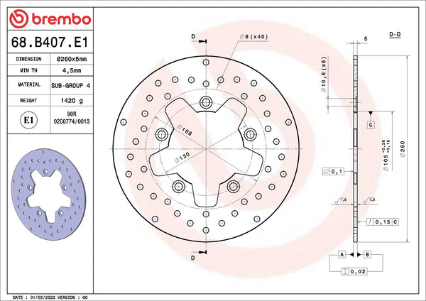 BREMBO 68B407E1 fixed Serie Oro brake disc – detail view