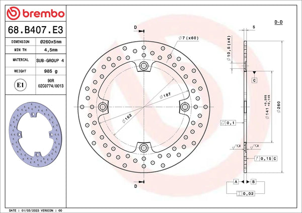 BREMBO 68B407E3 fixed Serie Oro brake disc – detail view