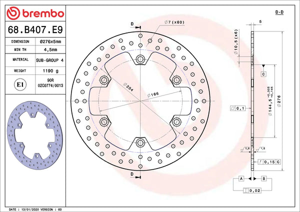 BREMBO 68B407E9 fixed Serie Oro brake disc – detail view