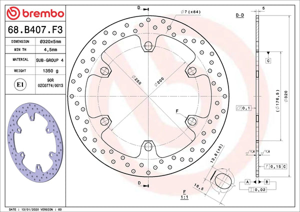 BREMBO 68B407F3 fixed Serie Oro brake disc – detail view