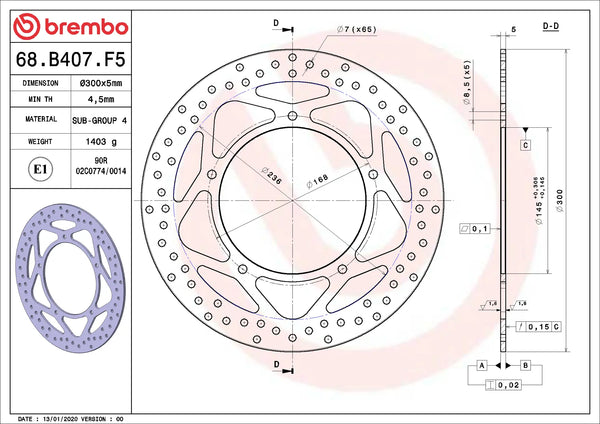 BREMBO 68B407F5 fixed Serie Oro brake disc – detail view