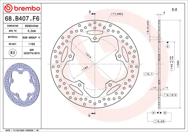BREMBO 68B407F6 fixed Serie Oro brake disc – detail view