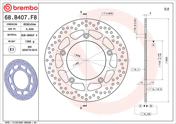 BREMBO 68B407F8 fixed Serie Oro brake disc – detail view