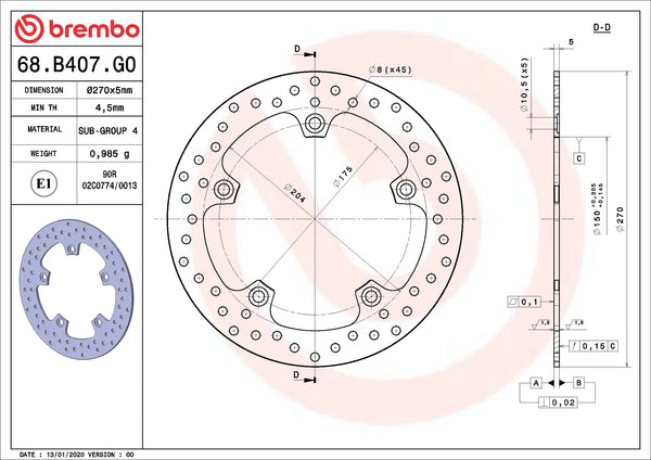 BREMBO 68B407G0 fixed Serie Oro brake disc – detail view