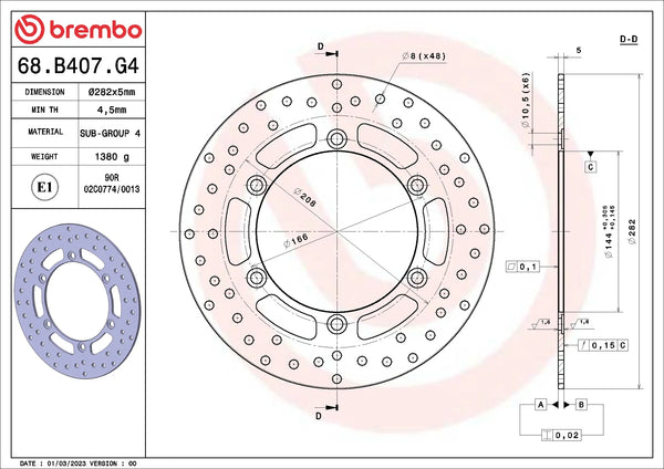 BREMBO 68B407G4 fixed Serie Oro brake disc – detail view