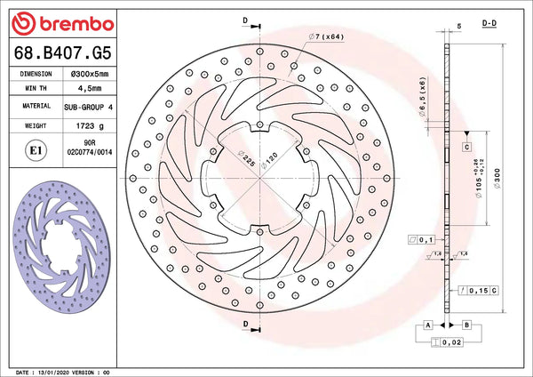 BREMBO 68B407G5 fixed Serie Oro brake disc – detail view