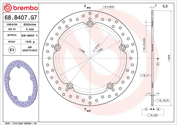 BREMBO 68B407G7 fixed Serie Oro brake disc – detail view