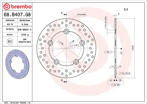 BREMBO 68B407G8 fixed Serie Oro brake disc – detail view