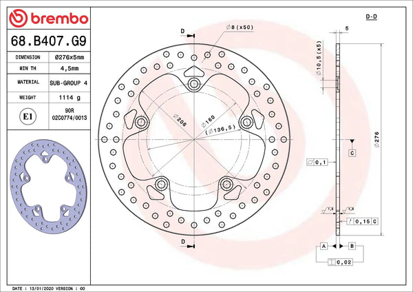 BREMBO 68B407G9 fixed Serie Oro brake disc – detail view