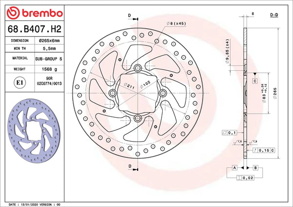 BREMBO 68B407H2 fixed Serie Oro brake disc – detail view