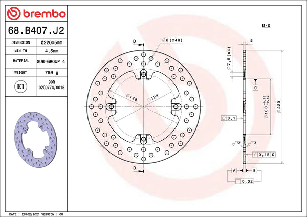 BREMBO 68B407J2 fixed Serie Oro brake disc – detail view