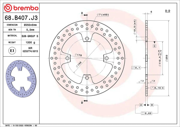 BREMBO 68B407J3 fixed Serie Oro brake disc – detail view