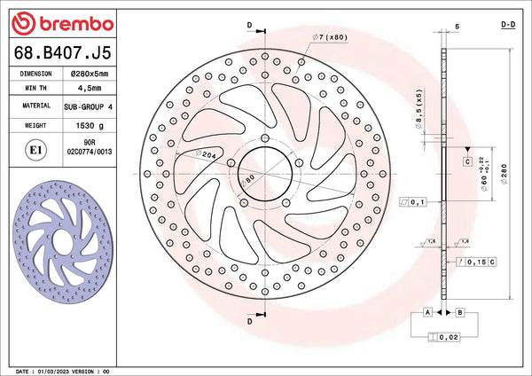 BREMBO 68B407J5 fixed Serie Oro brake disc – detail view