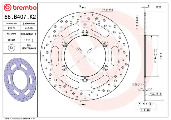 BREMBO 68B407K2 fixed Serie Oro brake disc – detail view