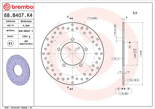 BREMBO 68B407K4 fixed Serie Oro brake disc – detail view
