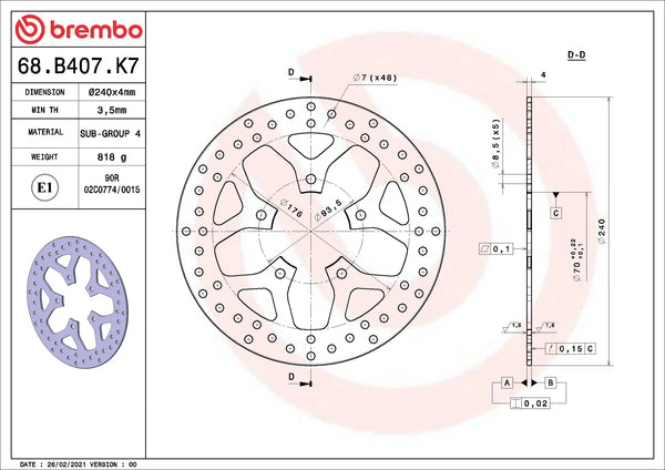 BREMBO 68B407K7 fixed Serie Oro brake disc – detail view