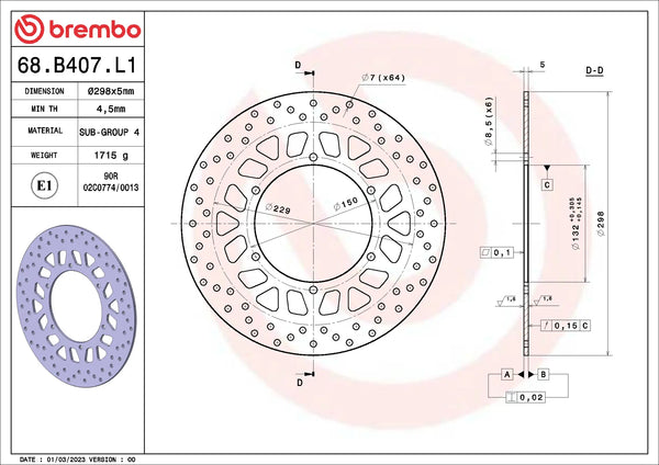 BREMBO 68B407L1 fixed Serie Oro brake disc – detail view