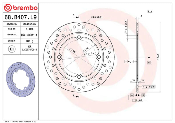 BREMBO 68B407L9 fixed Serie Oro brake disc – detail view