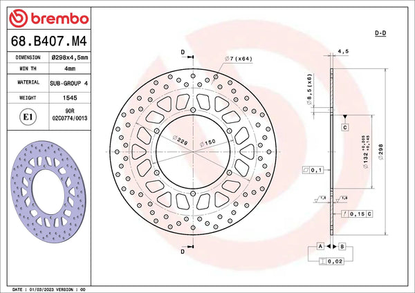 BREMBO 68B407M4 fixed Serie Oro brake disc – detail view
