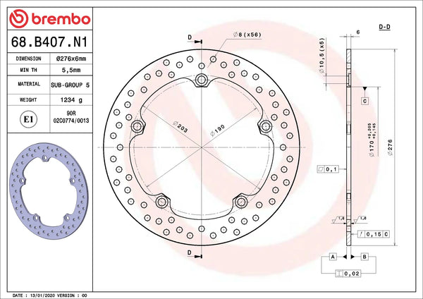 BREMBO 68B407N1 fixed Serie Oro brake disc – detail view
