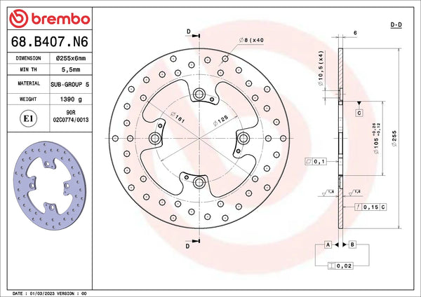 BREMBO 68B407N6 fixed Serie Oro brake disc – detail view