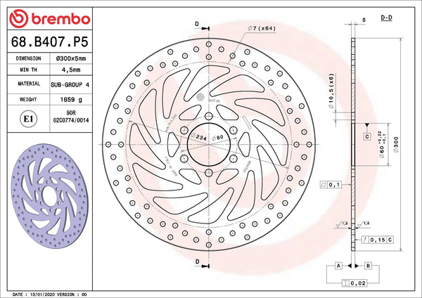 BREMBO 68B407P5 fixed Serie Oro brake disc – detail view