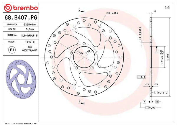 BREMBO 68B407P6 fixed Serie Oro brake disc – detail view