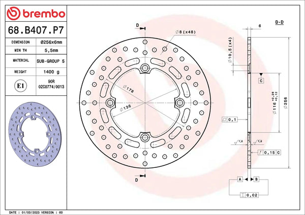 BREMBO 68B407P7 fixed Serie Oro brake disc – detail view