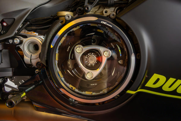 CNC RACING | Clear oil bath clutch cover Ducati Panigale V4 BICOLOR