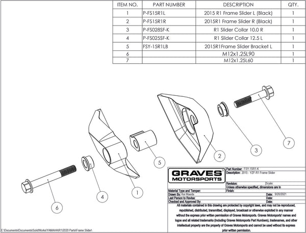 Graves Motorsports Yamaha R1 FZ10 MT-10 Frame Sliders