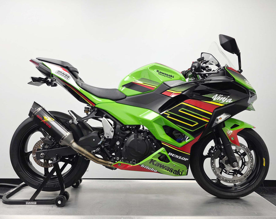 Graves Motorsports Kawasaki Ninja 400 + Ninja 500 Full LINK WORKS 3 Stainless / Carbon Exhaust System