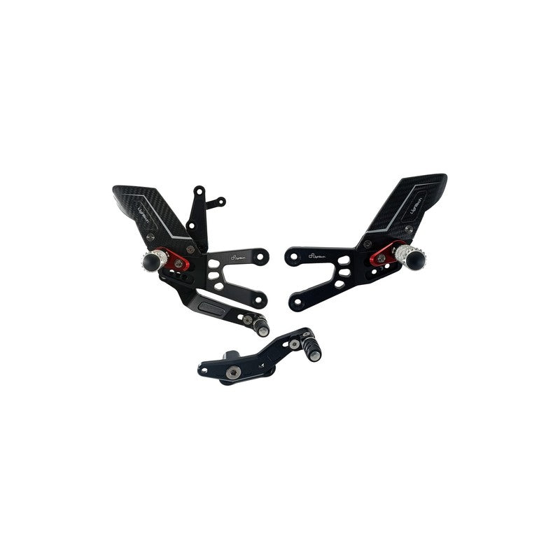 LighTech FTRHO014R R Version complete left and right adjustable rearset kit for Honda CBR600RR 2007-2025, red footpeg supports, silver folding footpegs and toe pegs, carbon-fibre heel guards.